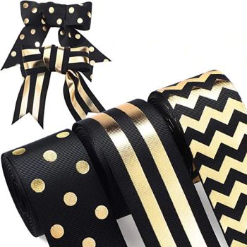 Striped Grosgrain Ribbons DOT Fabric Ribbon DIY Craft Grosgrain Ribbons for Halloween Christmas Home Theme Party Decorations (Black and Gold) - XIAMEN POPTRIMS TEXTILE CO.,LTD. - China