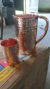 2 Pieces Copper Water Jug Glass Set Design Plain Finish Polished Shape Cylindrical Jug Capacity 2 Liter Glass Capacity - V.R. Handicrafts - India
