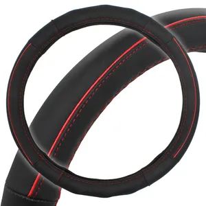 Black Genuine Leather Red Stitch Steering Wheel Cover Sample Free Logo Accept MOQ 200 Sets Origin China Payment Term - Shanghai Huaqi Industrial Co., Ltd. - China