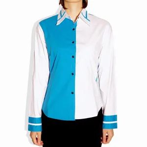 Womens Casual Long-Sleeved Striped White and Blue Spell Square Collar Poplin Shirt - Soloki Garment Co., Ltd - China