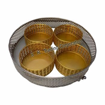 Diwali Gifts Iron Metal Gold Plated Serving Bowl with Silver Metal Tray - S R Trading Corporation - India