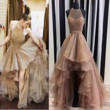 Halter Prom Cocktail Dresses Sleeves Coffee Hi-Low Evening Dress N2781 - Suzhou Leader Apparel Co., Ltd. - China