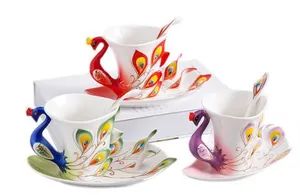 Creative 3D Hand Crafted Porcelain Enamel Peacock Coffee Cup Set with Saucer and Spoon Present Ceramic Tea Water Cup Dish Giftcreative 3D Hand Crafted Porcela - Yiwu Sevensails Imp and Exp Co., Ltd - China