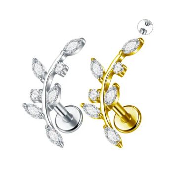 Long 14mm Leaf Piercing Jewelry 16g Titanium Piercing Jewelry Crystal Leaves Piercing Labret - Dongguan Jiang Titanium Jewelry Co., LTD - China