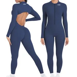 Double-Sided Brocade Solid Color Beautiful Back Hollow Long-Sleeved Jumpsuit Sports Running Fitness Yoga Wear Jumpsuit - Hangzhou Toptop Clothing Co., Ltd. - China
