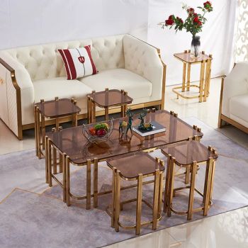 Fashion Reception 1+6 Coffee Table Sets Sturdy Gold Frame Square Center Tables Unit Brown Tempered Glass Tea Tables - RICH FURNITURE CO., LIMITED - China