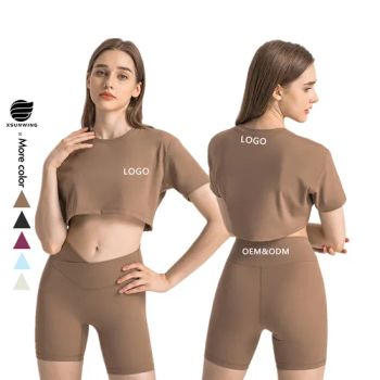 Xsunwing Ropa Deportiva Mujer Short Sleeve Tees Rib Knitted Casual Tops Active Workout Running Yoga T-Shirt Ladies Sportswear Gym Wear - Xiamen Sunwing Garments Co., Ltd. - China