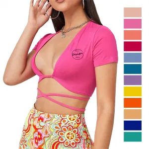 OEM Wholesale Custom Sexy Women Crop Top Shirt Fashion Deep U Neck Waist String Custom Logo Embroidery Baby Tee - Jiangxi Hangsheng Industry and Trade Co., Ltd. - China