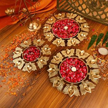 800 ML Golden Lotus Diya Urli Set of 3 for Home Decoration Color Golden Material Metal Capacity 800 ML Product Type Puja - Zee Metal Collection - India
