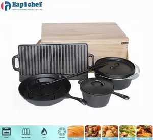 Pre-Seasoned 7 Piece Heavy Duty Cast Iron Dutch Oven Camping Cooking Set with Vintage Carrying Box - Hebei Hapichef Cookware Co., Ltd. - China