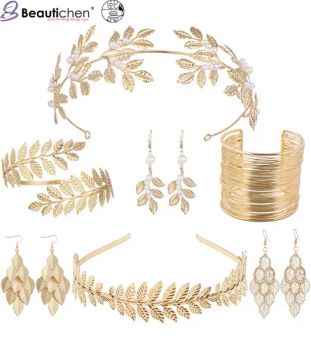 Beautichen Baroque Leaf Headpiece 24K Gold Bridal Set: Hair Vine + Bracelet + Arm Cuff + Earrings OEM Direct - NINGBO XICHEN IMPORT AND EXPORT CO., LTD. - China