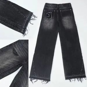 Men's Casual Patchwork Distressed Jeans Custom Fashion Ripped Men Regular Fit Washed Straight Pants Jeans Trousers with Rivets - Xiamen Wild Leopard Outdoor Products Co., Ltd. - China