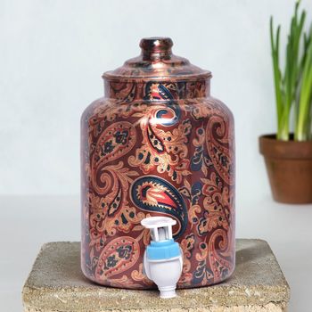 Copper Water Pot, For Home, Size: 15cm X 15cm X 25cm Color Brown Weight 2.50kg Pattern Printed Features With Tap Usage/Application - Khagesha Universal Metal Sales Fortunes Private Limited - India