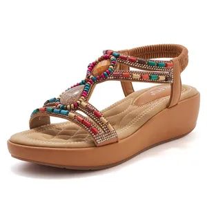 Bohemian Retro Beaded PU Leather Summer Wedge Shoes Soft Comfortable Dress Slope Heel Sandals for Women - Baoding Saikun Import and Export Co., Ltd. - China