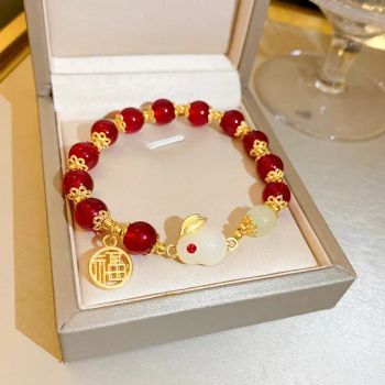 Chinese Style Red Beaded Jade Rabbit Good Fortune Hand String Wholesale Vintage Niche Fairy Bracelets - Market Union Co. Ltd. - China