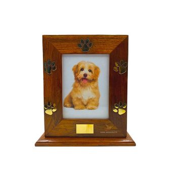 Pet Cremation Urn with Brass Paw Inlay - Wooden Keepsake Box / Wooden urn with photo Frame - Avon Handicrafts - India