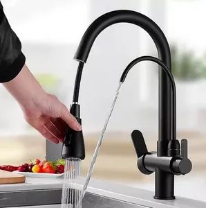 Matt Black Brass Pull-Down Dual Handle 3 Way Pull-out Kitchen Sink Faucets - Chaozhou Selora Ceramics Co., Ltd. - China