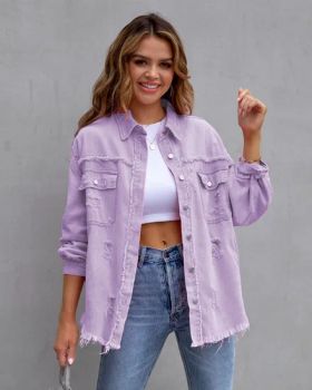 Wholesale Clothes Multi Colours Denim Jackets Women Clothes MID-Length Distressed Denim Jacket Girls Shirts Casual Wear Jeans Coat Denim Street Clothing - Mingteng Clothing Factory Ltd. - China