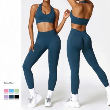 Sportswear Women Fitness Clothing Gym Fitness Sets Active Wear Seamless Halter Bra Yoga Set - Xiamen Mega Garment Co., Ltd. - China