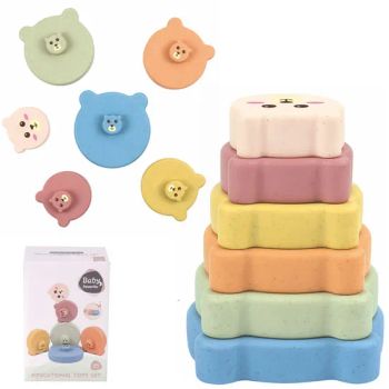 6 PCS Wheat Straw Soft PVC Baby Chewable Teethers Bear Face Stacker Tower Bb Whistle Squeeze Play Stacking Nesting Toy Straw Mater - Sam Toys Industrial Co., Ltd. - China