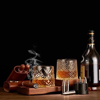 Spinner Whiskey Glasses with Wood Coasters Gift Set for Men - XIAMEN SHUNSTONE HOMEWARE CO., LTD. - China