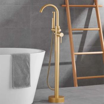 Brush Gold Swivel Spout Floor Mount Bathtub Faucet Freestanding Tub Filler Black Standing Bath Shower Faucets with Handheld Shower Mixer Taps - Zhejiang Meikty Appliance Co., Ltd. - China