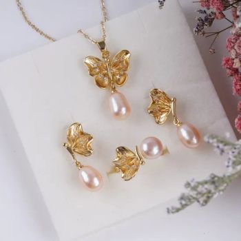 18K Gold Plated Butterfly Set Freshwater Pearl Jewelry Nature Freshwater Pearl Jewelry - Guangzhou Sunsmerald Technology Co., Ltd - China