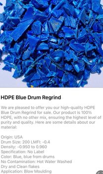 HDPE blue drum regrind Color Blue Material Hdpe Drum Type Regrinds Attachment Without Attachment Toxicity Non Toxic Non Hazardous - MLB CLEARING DEPO LLC - United States