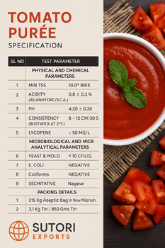 Tomato puree Purity High Color Rich Red Texture Smooth Shelf Life Long Acidity Balanced Processing Method Advanced Hygienic - Sutori Exports - United States
