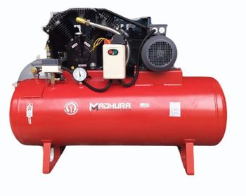 Tank Air Compressors Colour Red Brand Madhura Motor Power 5 HP Usage Industrial Type Air Compressor Air Tank Capacity 250 - Madhura Equipments - India