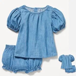 Wholesale China Customized High Quality Chambray Puff-Sleeve Top and Bloomer Shorts Summer Unisex Kid Baby Clothes Girls′ Clothing Sets - Dongguan Tomorrow Fashion Co., Limited - China