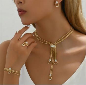 New French Fashion Jewelry Sets Women Alloy Zirconia Tassel Necklace Earring Ring Bracelet Party Jewelry Set - Putian Licheng Blannina Jewelry Co., Ltd. - China