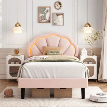 Upholstered Smart LED Bed Frame with Adjustable Elegant Flowers Headboard, Platform Bed Frame Queen Size with Wooden Slats Support Pink - FOSHAN YEXUAN FURNITURE MANUFACTURE CO.LTD - China