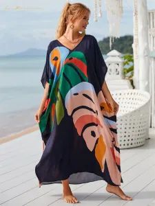 Designer Womens Multicolor Position Print Loose V Neck Cotton Beach Sun Proof Clothing Summer Swimsuit Coat Dresses Swimwear Cover - GUANGZHOU HUMLISUN IMP & EXP CO.,LTD. - China