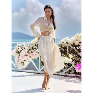 Cream Shiny Ruched Front Tie Crop Lapel Blouse Women Fashion Slim Casual Daily Office Wear Chic Top - Guangzhou Dongzhou Garment Co., Ltd. - China