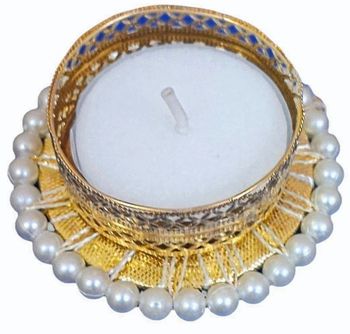 2.5 inch White Beads Golden Metal Diya Shape Round Design ROUND Type Tabletop Occasion Diwali Number of Flames 1 Color Golden, - S S Products - India