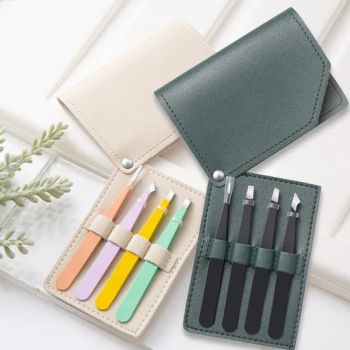4PCS Manicure Makeup Tool Kits Beauty Tweezer Facial Eyelash Clip Set Eyebrow Tweezers with Leather Case - ESHA CO., LIMITED. - China