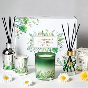 Evergreen & Silver Birch Gift Set Mild Woody Green Fragrance Candle & Reed Diffusers Long Lasting Home Decor Aroma Set with Botanical Illustrations Gift Box - Hebei Huaming Laye Limited Company - China