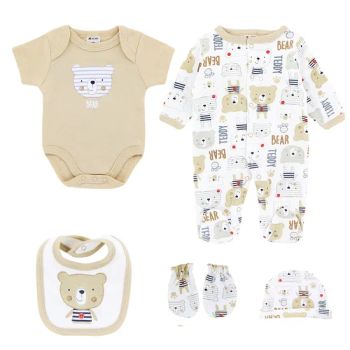 100% Cotton Newborn 5-Pieces Set Romper Mittens Socks Hat Bibs Set Gift Baby Clothes - Shijiazhuang Cool Apparel Co., Ltd. - China