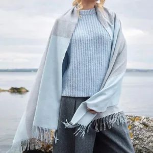 Most-Popular 100% Extrafine Merino-Wool Knitted Ladies-Fashion Light Sky-Blue Check Fringe Wrap Shawl - Shanghai Brothers Textile Co., Ltd. - China