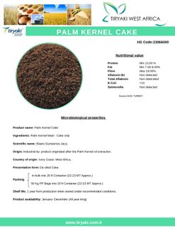 Non-GMO Palm Kernel Cake (Expeller) - Tiryaki West Africa Limited - Ghana