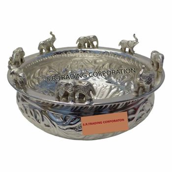 Elephant Brass Traditional Decorative Urli Bowl In Silver Plated For Floating Candles And Tea Lights - S R Trading Corporation - India