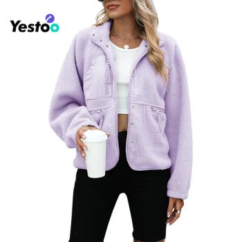 Womens Fleece Jacket Fuzzy Long Sleeve Short Winter Coats Button Down Sherpa Jacket Outerwear with Pockets - Amoy Yestoo Apparel Co., Ltd. - China