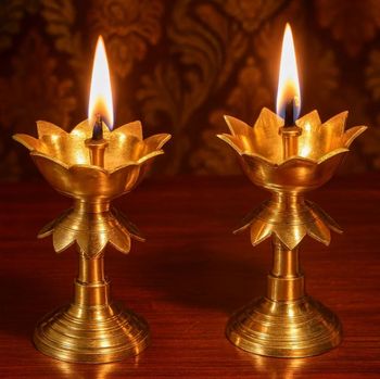 Premium Brass Lotus Diya Oil Lamp Set Of 2 Weight - Shape Lotus Color Golden Finish Golden Material Brass Finishing - Samar Innovative - India