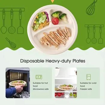 Eco Friendly 9 Inch Disposable Biodegradable Plates 125 Pack 3 Compartment Paper Trays Heavy Duty Bagasse Compostable - Anhui Herten Environmental Protection Products Co., Ltd. - China