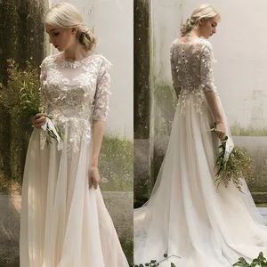 Chiffon Lace Wedding Dress A-Line O-Neckline 3/4 Sleeves Beach Boho Bridal Dresses H17237 - Suzhou Leader Apparel Co., Ltd. - China