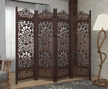 Brown Mango Wood Wooden Partition Screen/Room Divider (6Panels) movable partitions, Polished - Aliya Handicraft - India
