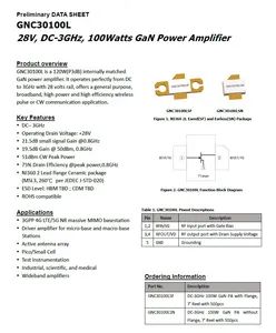 GNC30100L 28V DC 3GHz 100W 50dBm GaN Power Amplifier 1Y Model NO. GNC30100L Conductive Type N/a Port: Beijing, China Payment Terms: Western Union, Paypal - General Power Microelectronics Technology Ltd. - China