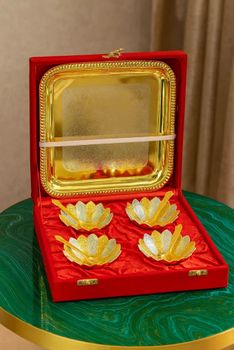 Brass 4 Bowl , Spoon And Tray Set In A Velvet Box With Spoon Yes Number Of Piece 4 Pieces Finish Type Both gold and - Samar Innovative - India