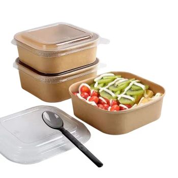 Kraft Paper Bowl 1000ml Packaging Disposable Square Paper Bowl PP Lid - Lt Packaging Co., Ltd. - China